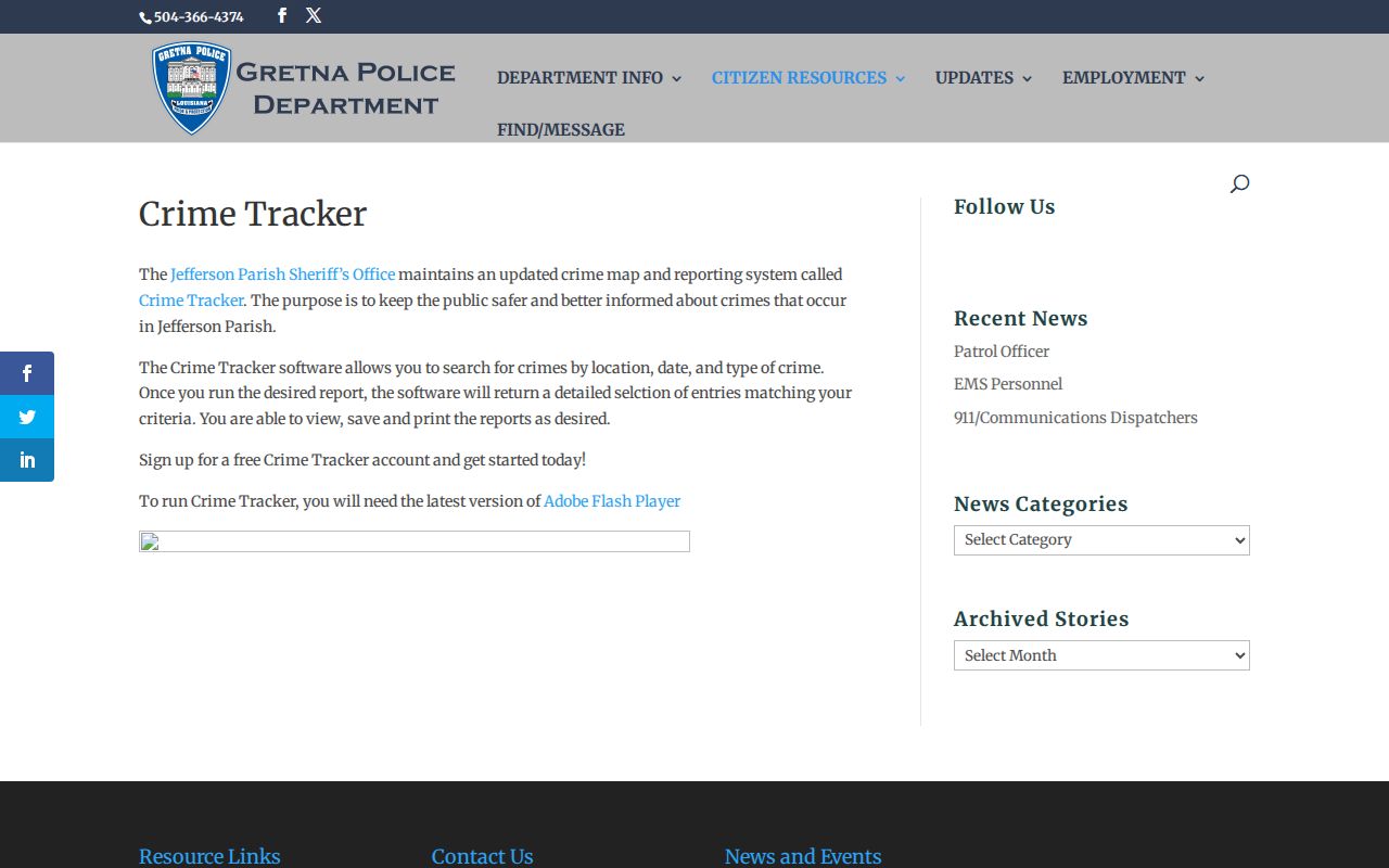 Gretna Police crime tracker interface for incident searches