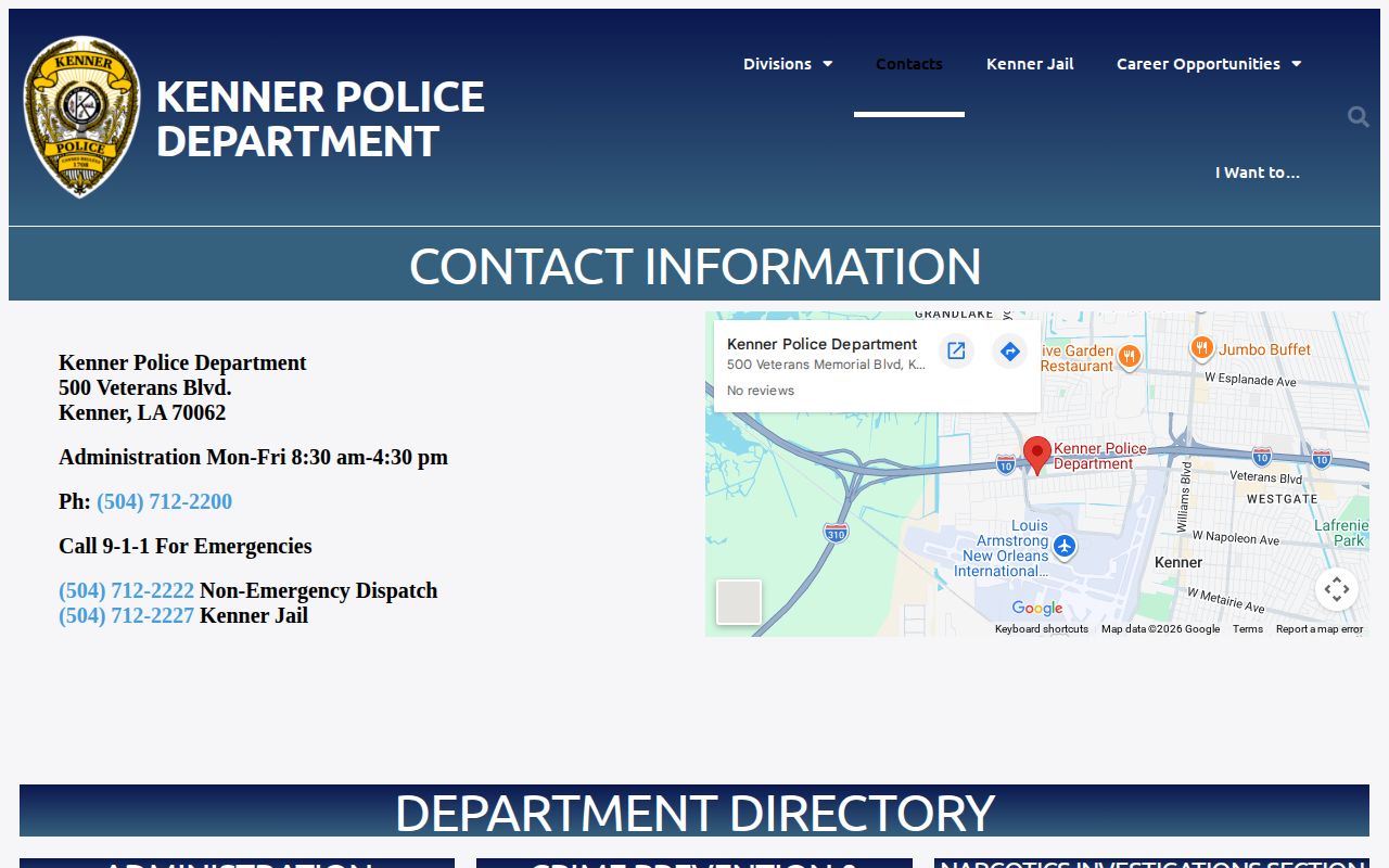 Official Kenner Police Department contacts page