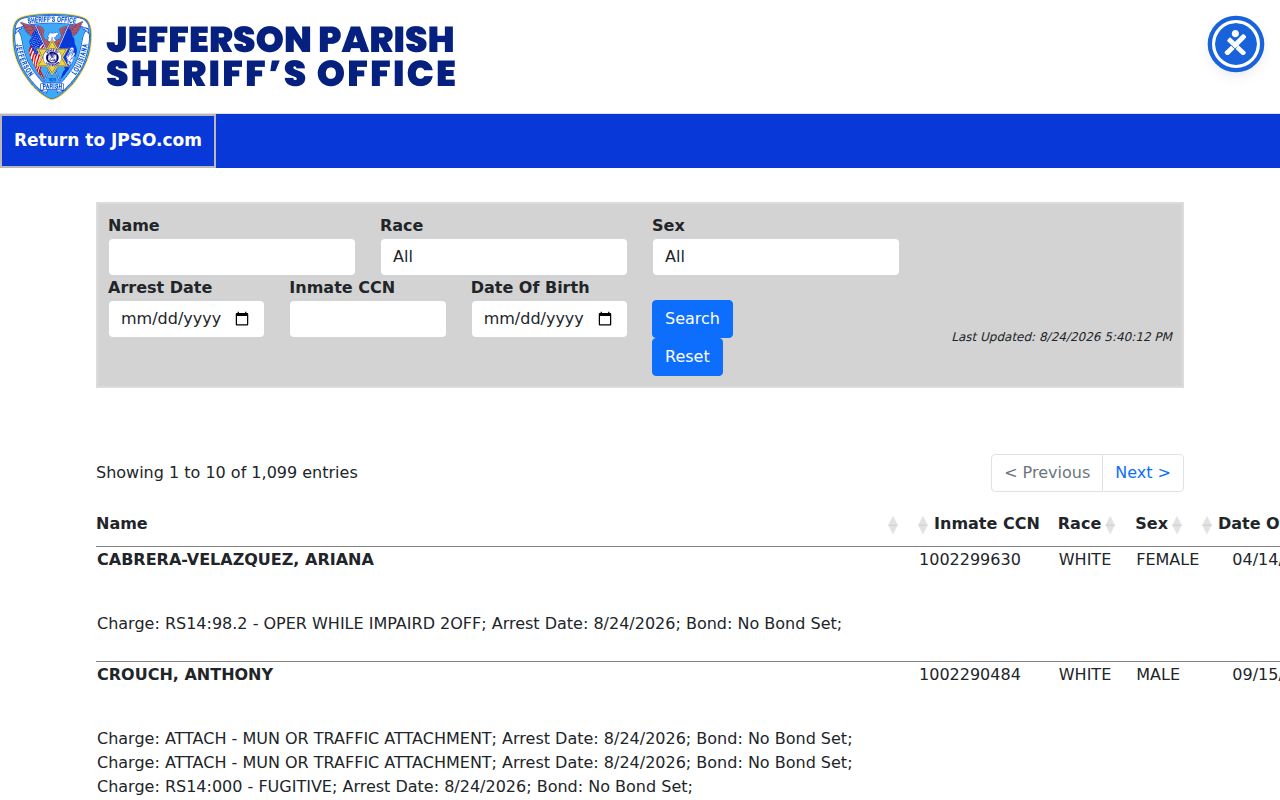 Jefferson Parish County JPSO inmate record search form